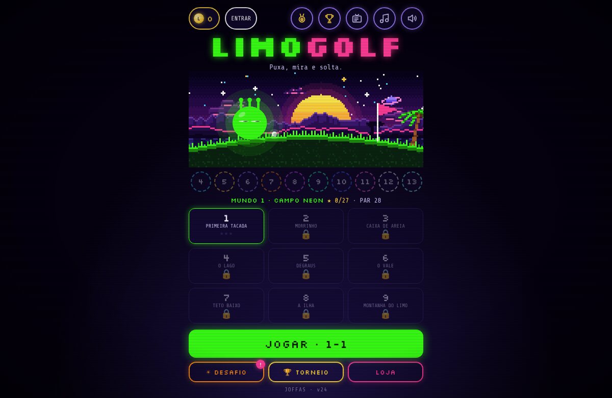 Tela inicial do LimoGolf: os 13 mundos em fila e os nove buracos do CAMPO NEON